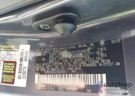 2007 Toyota Sienna Le из США, поврежденный, VIN 5TDZK23C37S026845